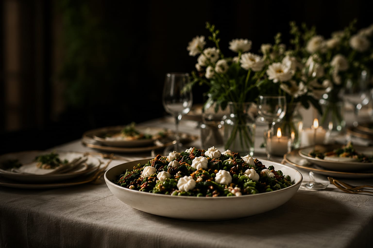 Candlelit San Francisco event table with white florals and a plated seasonal dish
